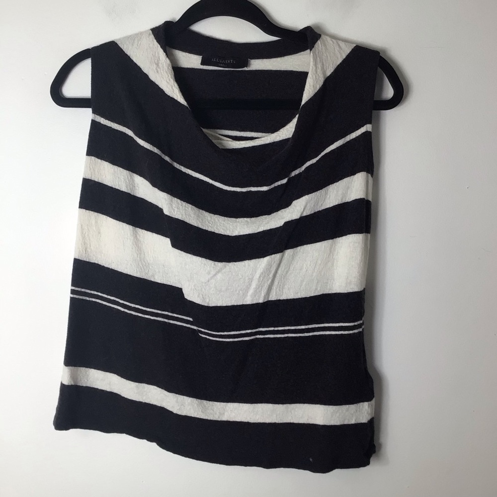 All Saints Black & White Striped Sleeveless Cowl Neck Top